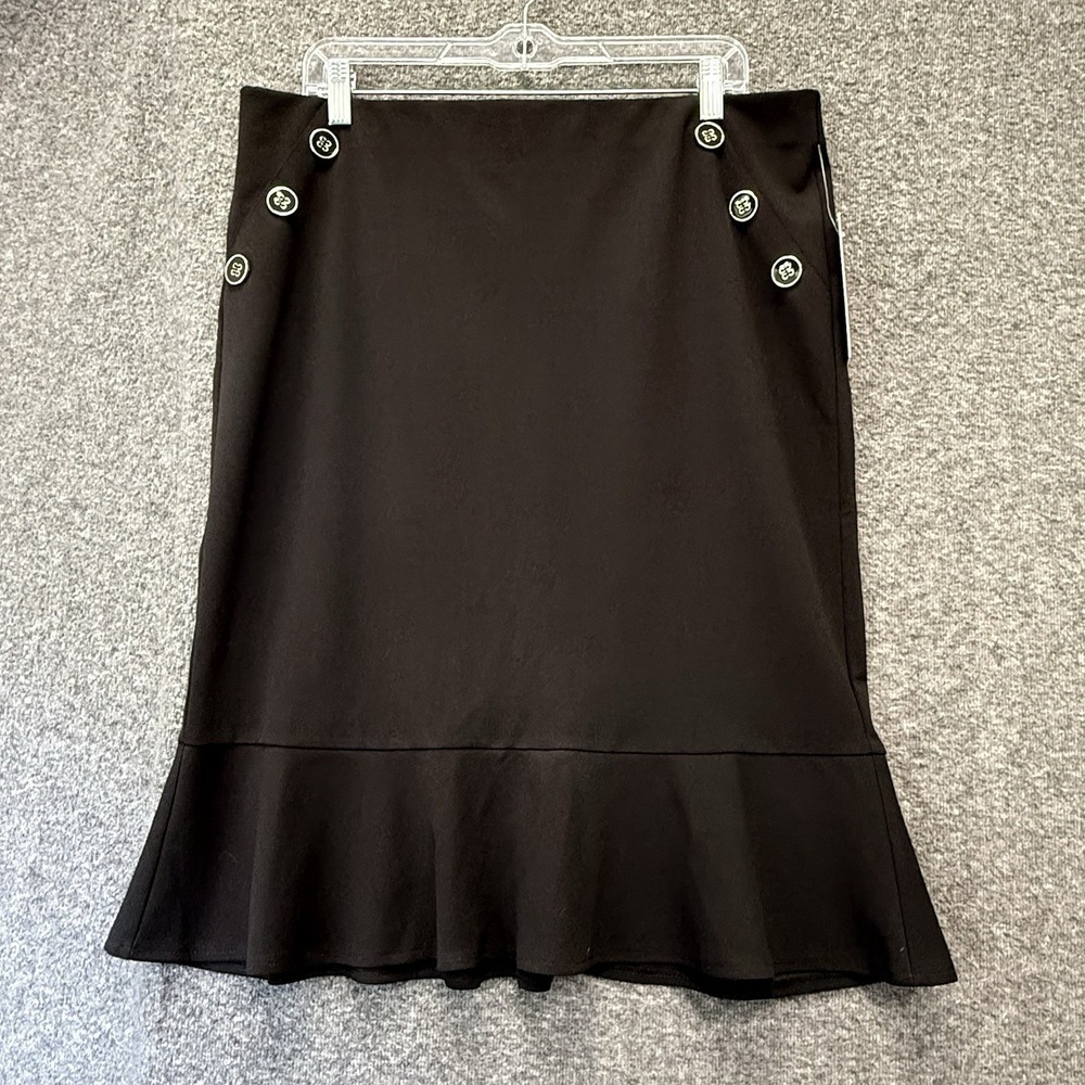 Old Money Classic Black Midi Skirt Nautical Button Detail Flounce Hem Large NWT